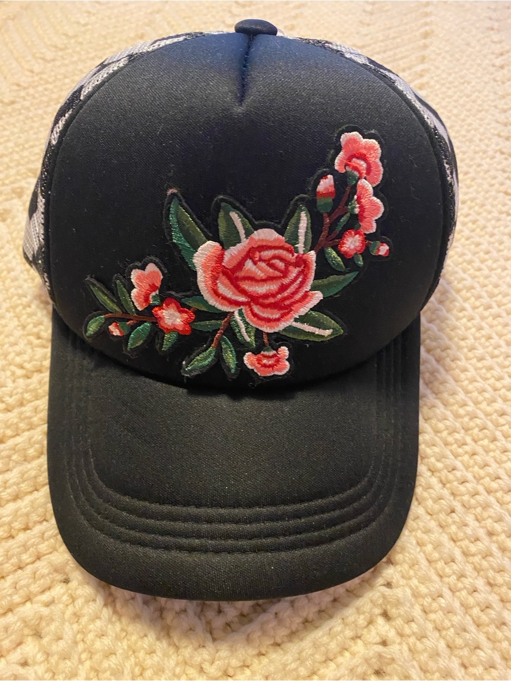 Black Floral Embroidered Trucker Hat - Picture 2 of 4